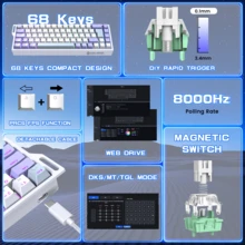 ATTACK SHARK X68HE 8KHz Rapid Trigger Mechanical Gaming Keyboard,60% Wired,Hall Effect Magnetic Switch,Adjustable Actuation,RGB Backlit,Snap Tap, RGB Backlit For PC/Mac, Gift For Kids, Holiday, Xmas Edition, New Year 2026 - Purple White/ Black/ Cheese White/ Star Black - 查看 7
