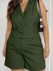 MICHLEE Women's Plus Size Set With Sleeveless Vest And Tailored Shorts - 軍綠1 - 查看 2