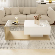 High-Tech Flair Coffee Table / Modern High-Gloss Coffee Table / Living Room Table / Glass Top, With Drawer / Suitable For Living Rooms And Office Areas - Natural - View 3