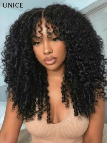 UNice 7x5 Bye-Bye Slip Curly Texture Premium Hair Drawstring Wig With Finger Coil Ends Curly Human Hair Drawstring Wig With Finger Coil Ends Bye Bye Knots Glueless 7x5 Lace Wigs Pre Plucked Pre Cut Bleached Knots Black Wig 150% Density Put On And Go Glueless Human Hair Wigs Curly Lace Closure Hair Wigs With Frontal Finger Coil Ends - SNatural - 查看 1