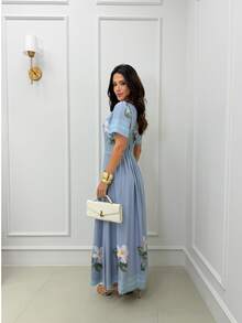 Women's Long Dress With Short Sleeves, Defined Waist, Print, And Elegant Casual Style. - 藍灰色 4 - 查看 2