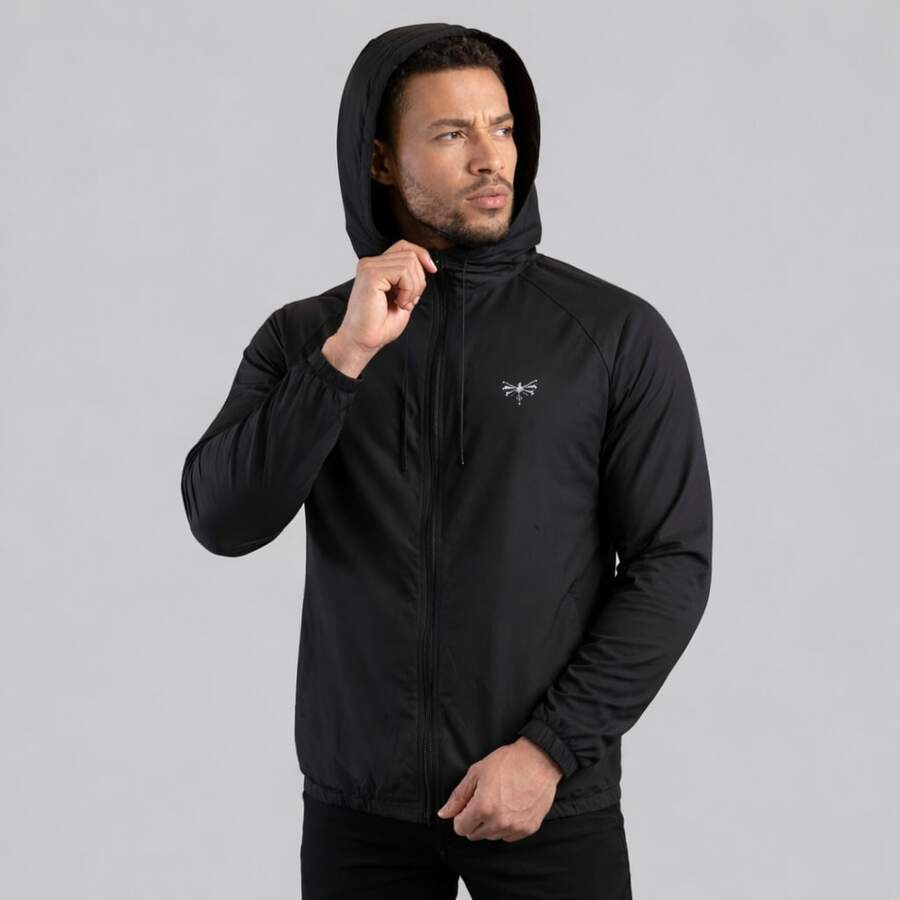 Men's Windbreaker Jacket With Lined Hood And Front Zipper, Lightweight And Comfortable For Everyday Use. - 黑色 - 查看 1