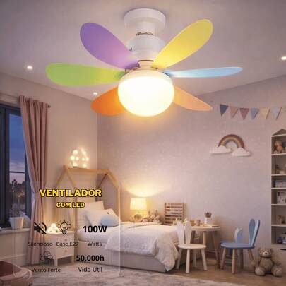 Ventilador de Teto Com Led 100W 6 Pás Coloridas 3 Tipos de Luz Bocal E27 Bivolt + Controle Remoto