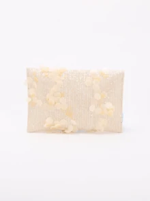 Túi xách cầm tay nữ màu be họa tiết hoa đính sequin 3D, túi đeo vai dự tiệc. - Vàng - Xem 8
