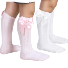 Children's 3/4 Party Socks 16-33 Satin Bow Long Shaft Youth Girl Baptism Wedding Flower Girl Social Dance Events Elegant Quality Soft Touch Coquette Korean Anime Schoolgirl - 白色和粉紅色 - 查看 10