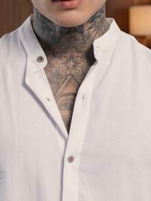 Men's Short Sleeve Shirt With Priest Collar Elegant Casual Party Work - 黑與白 - 查看 2
