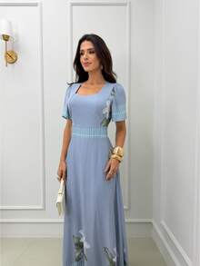 Women's Long Dress With Short Sleeves, Defined Waist, Print, And Elegant Casual Style. - 藍灰色 4 - 查看 4