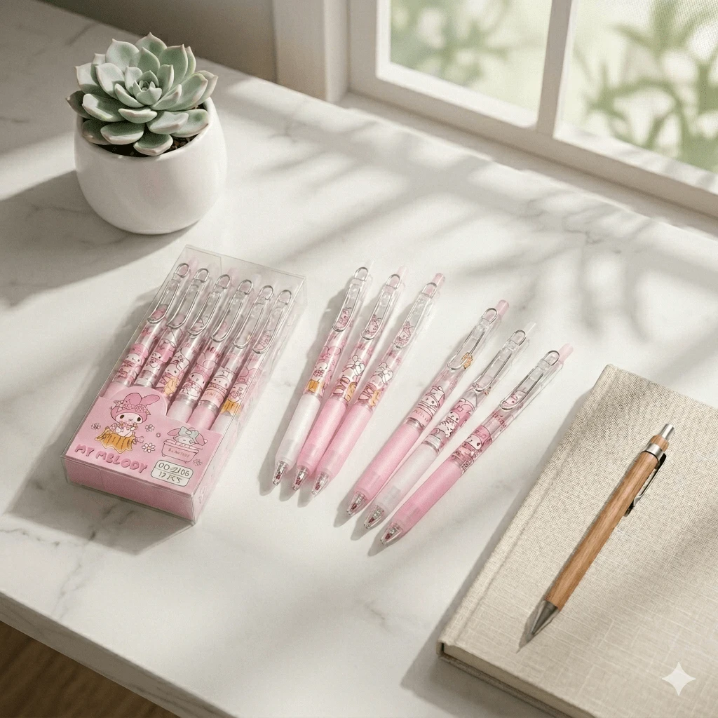 SANRIO [Sản phẩm bán chạy nhất] Bộ 12 bút bi gel hoạt hình màu hồng sáng tạo, mực đen 0.5mm, bút bi gel nhẹ dành cho học sinh, bút ký văn phòng phẩm, quà tặng văn phòng phẩm đáng yêu, quà tặng tựu trường. - Nhiều màu - Xem 1