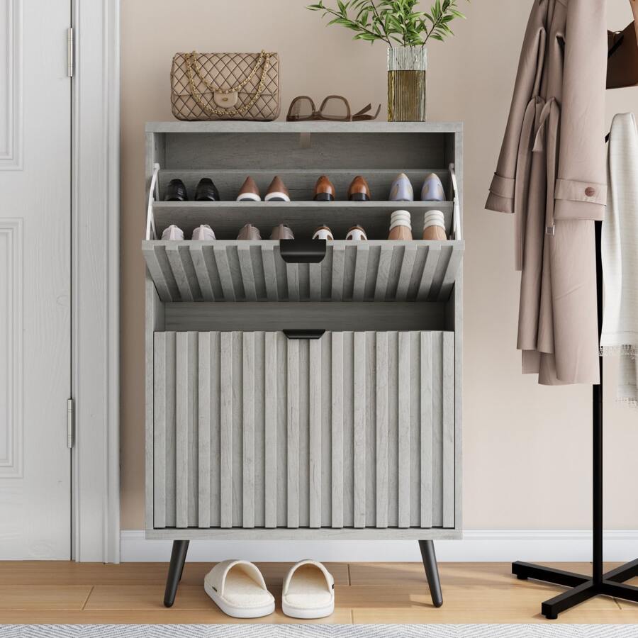 Shoe Cabinet / Country Style Hidden Shoe Cabinet / Grey Grooved Design / With 2 Drop-Down Drawers / Suitable For Entrances, Hallways, Living Rooms And Closets - Grey - View 1