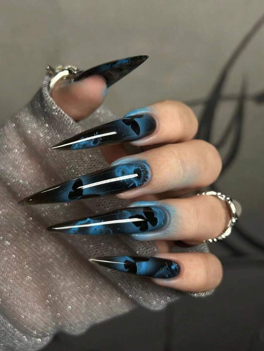 24PCS Long Stiletto False Nails, Blue Black Butterfly Design Press On Nails, Glossy Full Cover Artificial Nails, Removable Nail Art For Daily & Party - Black - View 1