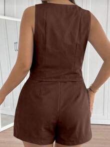 MICHLEE Women's Plus Size Set With Sleeveless Vest And Tailored Shorts - 咖1 - 查看 5