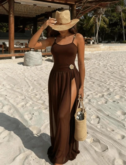 Novo Maiô Bikini Tankini de Duas Peças com Anel de Metal Decorado em Concha Marrom Sexy, Vestido Tankini Elegante de Cor Sólida, Combinado com Vestido de Cintura Alta, Adequado para Férias na Praia na Primavera/Verão, Roupa de Banho da Moda para Festa na Piscina