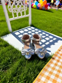 1双女童珍珠蝴蝶结PU皮防滑圆头高跟鞋，时尚款式，适合春节草坪茶会、学校社团活动或拜访亲朋好友。 - 銀色 - 查看 5