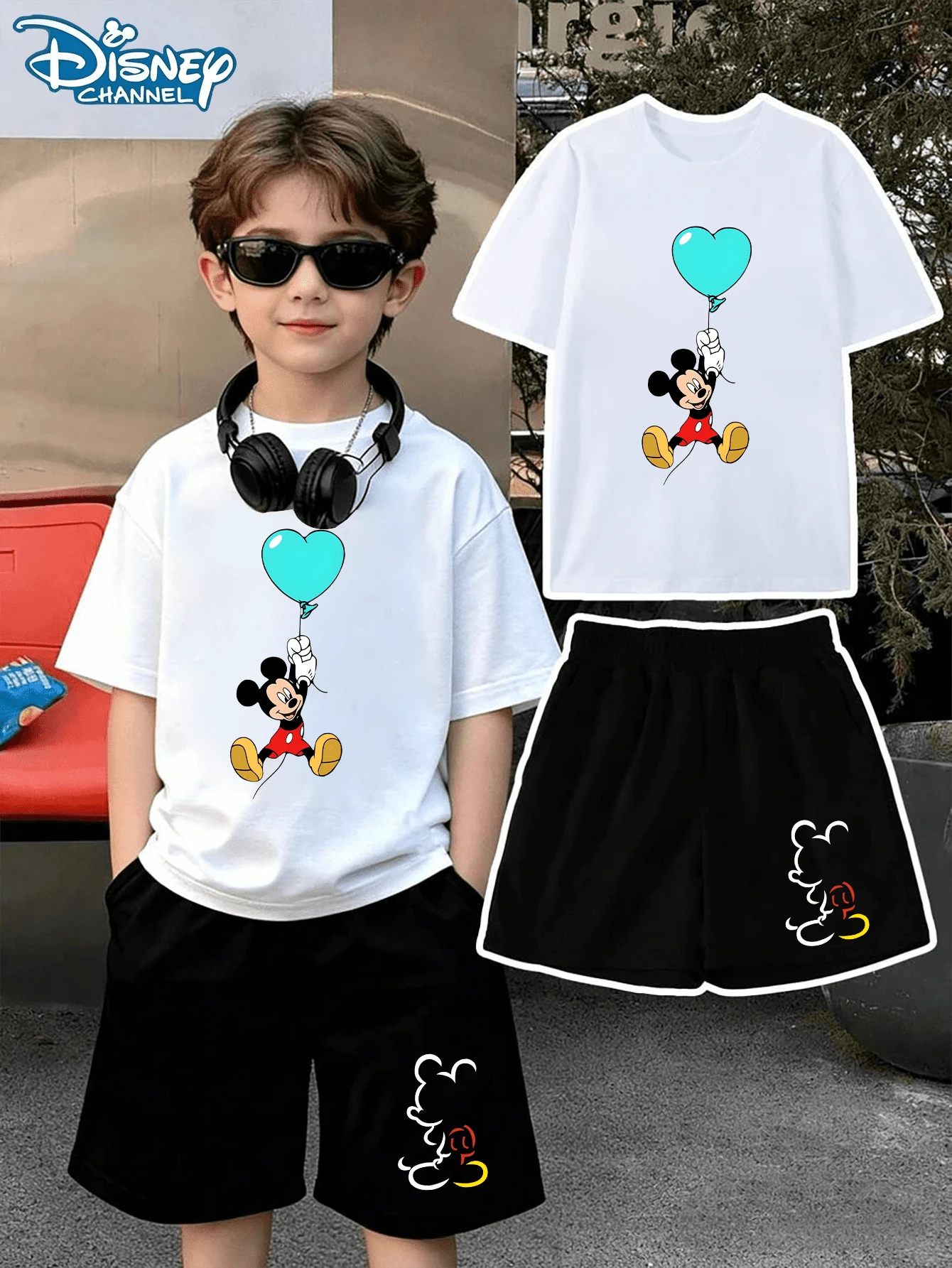Disney Mouse Kids T-Shirt & Shorts Set, 2-14 Years, Unisex, Breathable Fabric, Heart Balloon Print, Casual Summer Outfit, Express Delivery - White Shirt and Black Pants - View 1