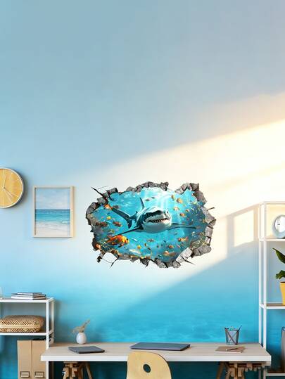 1 miếng dán tường chủ đề thế giới dưới nước mùa hè - Cá mập, cá, decal dán tường phòng khách, decal dán tường phòng ngủ, decal dán tường phòng tắm, phụ kiện trang trí nhà cửa.