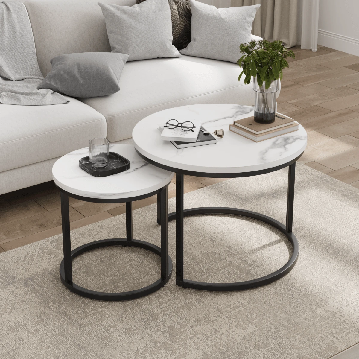 White Coffee Table 2-Piece Set / 60cm Metal Frame Round Side Table / Modern Coffee Table 2-Piece Set / Suitable For Living Room, Bedroom, Balconies, Patios, Offices, Small Spaces - White - View 1