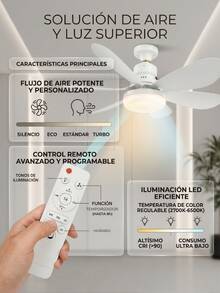 Ventilador de 3 Velocidades Ajustable a 3 Tonos De Luz Con Lámpara LED Socket Universal Alto Flujo de Aire Diseño Ergonómico para Combatir el Calor Refrescante Luces Brillantes Cálida, Neutral y Fría con 5 Aspas Duraderas  Material Resistente Control Elegante Incluido - Blanco - Ver 8