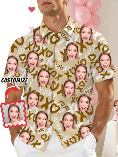 1pc Customizable Men's Shirt, Upload Personal Photos & Prints, "XOXO" Beach Party Date Casual Button-Down Shirt With Funny Face Design, Holiday Casual Style, Suitable For Daily, Vacation, Holiday Celebration, Men's Casual Loungewear, Couple Matching, Perfect Gift For Boyfriend, Girlfriend, Family