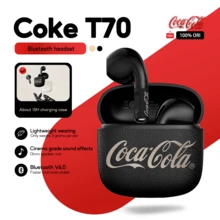 Coca Cola 可口可乐 T70 复古节拍蓝牙耳机，13 毫米驱动单元，蓝牙 6.0，皮革纹理，轻巧 3 克，黑/米色 - 查看 1
