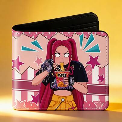 K-POP Girl Group Bi-Fold Wallet, Cute Cartoon Print PU Leather Card Holder, Adorable Short Wallet For Teenage Girl Fans