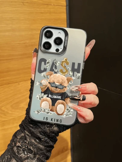 Ốp điện thoại thiết kế hình gấu đeo kính và tờ tiền đô la, phù hợp với 15 Pro Max, 16, 11, 13 Pro, 15 Pro, 15, 13 Pro Max. Chất liệu chống sốc cũng phù hợp với 14, 13, 12, 12 Pro Max, 17, 17 Pro Max, Air.