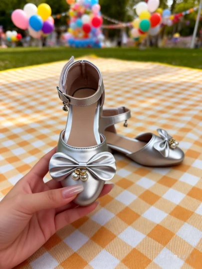 1 Pair Girls' Pearl Bow PU Leather Non-Slip Round Toe High Heel Shoes, Fashionable Style Suitable For Spring Festival Lawn Tea, School Club Presentation Or Visiting Friends And Relatives