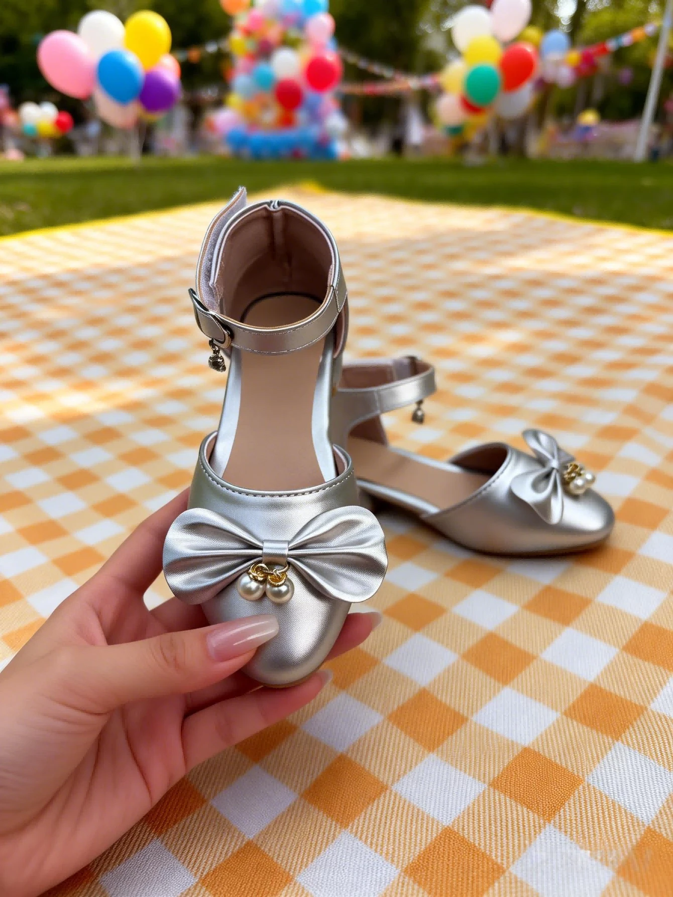 1双女童珍珠蝴蝶结PU皮防滑圆头高跟鞋，时尚款式，适合春节草坪茶会、学校社团活动或拜访亲朋好友。 - 銀色 - 查看 1