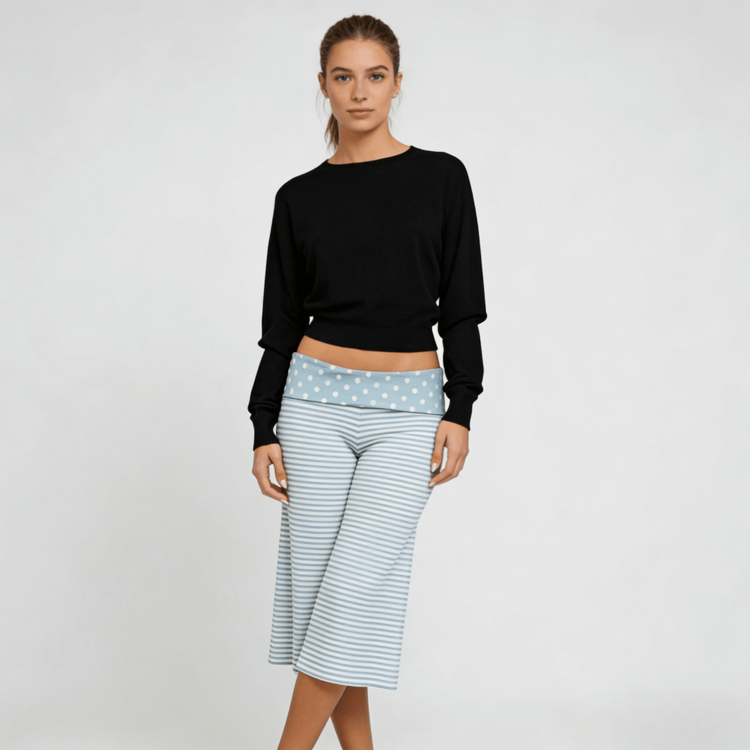 Women's Solid Fold-Over Waist Capri Pants, Casual Low Rise Wide Leg Cropped Trousers - 天藍色 - 查看 5