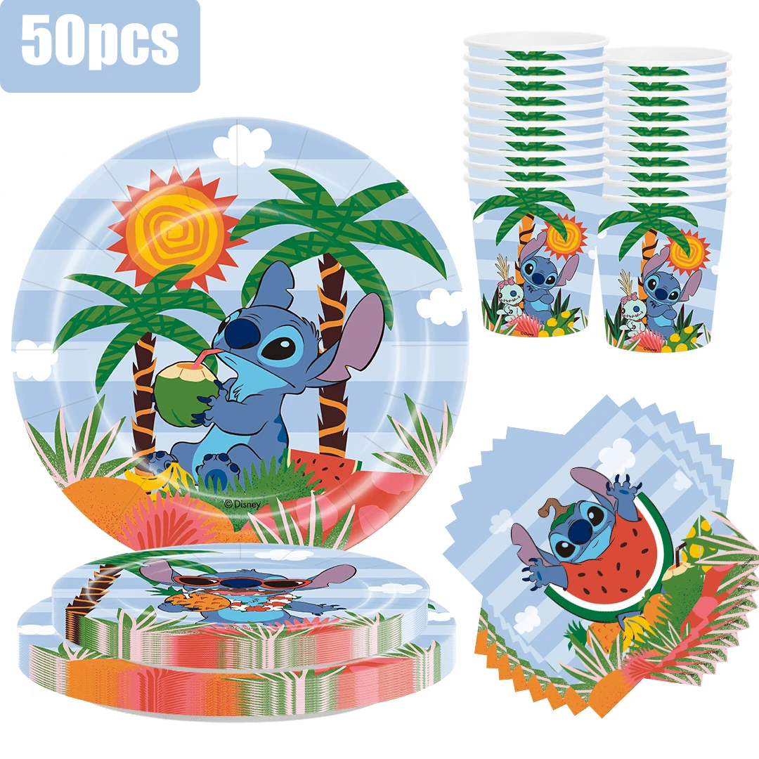 Disney 50件套史迪奇海滩主题生日派对装饰，一次性纸质餐具套装，包括盘子、杯子和餐巾纸，材质为（10个7英寸盘子，10个9英寸盘子，10个杯子，20张餐巾纸），适合生日派对、家庭聚会、户外野餐、婚礼、订婚仪式和返校季。 - 彩色 - 查看 1