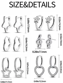 Bộ khuyên tai hình ngôi sao và trái tim, bạc sterling 925 đính đá CZ, trang sức thời trang dành cho nữ. - Bạc - Xem 2