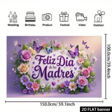 1 pezzo Striscione piatto 2D per la Festa della Mamma in Spagna, con rose colorate e farfalle luccicanti, realizzato in tessuto di poliestere, adatto per la decorazione domestica, cerimonie di laurea e celebrazioni interne/esterne, elegante sfondo viola decorativo in rete - A - Visualizzare 7