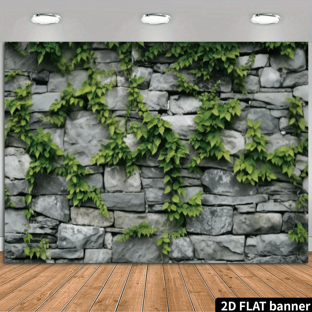 1pc 2D Flat Garage Banner - Vibrant Green Ivy Climbing Stone Wall Design, Polyester Backdrop Suitable For Holiday Party Decor, Photo Shoot And Garden Themed Events