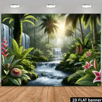 Phông nền trang trí 2D phẳng hình vườn thác nước nhiệt đới - Chất liệu polyester sống động với tán lá, thác nước chảy và hoa nở rộ, phù hợp cho phòng khách, phòng ngủ, văn phòng và tiệc ngoài trời, không cần điện, trang trí ngoài trời mang phong cách nhiệt đới.