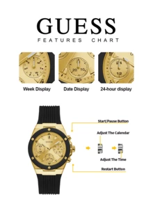Guess Đồng hồ đeo tay nữ kiểu dáng thanh lịch - Mặt số rỗng màu vàng, dây đeo silicon đen, món quà sang trọng, phù hợp cho nữ giới và sử dụng cá nhân, Mã sản phẩm: GW0030L2 - Vàng - Xem 6