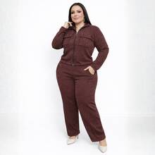 Women's Plus Size Ribbed Knit Set With Front Zipper And Pockets, Elastic Waist Pants, Casual Fashion - 鏽棕色 - 查看 10