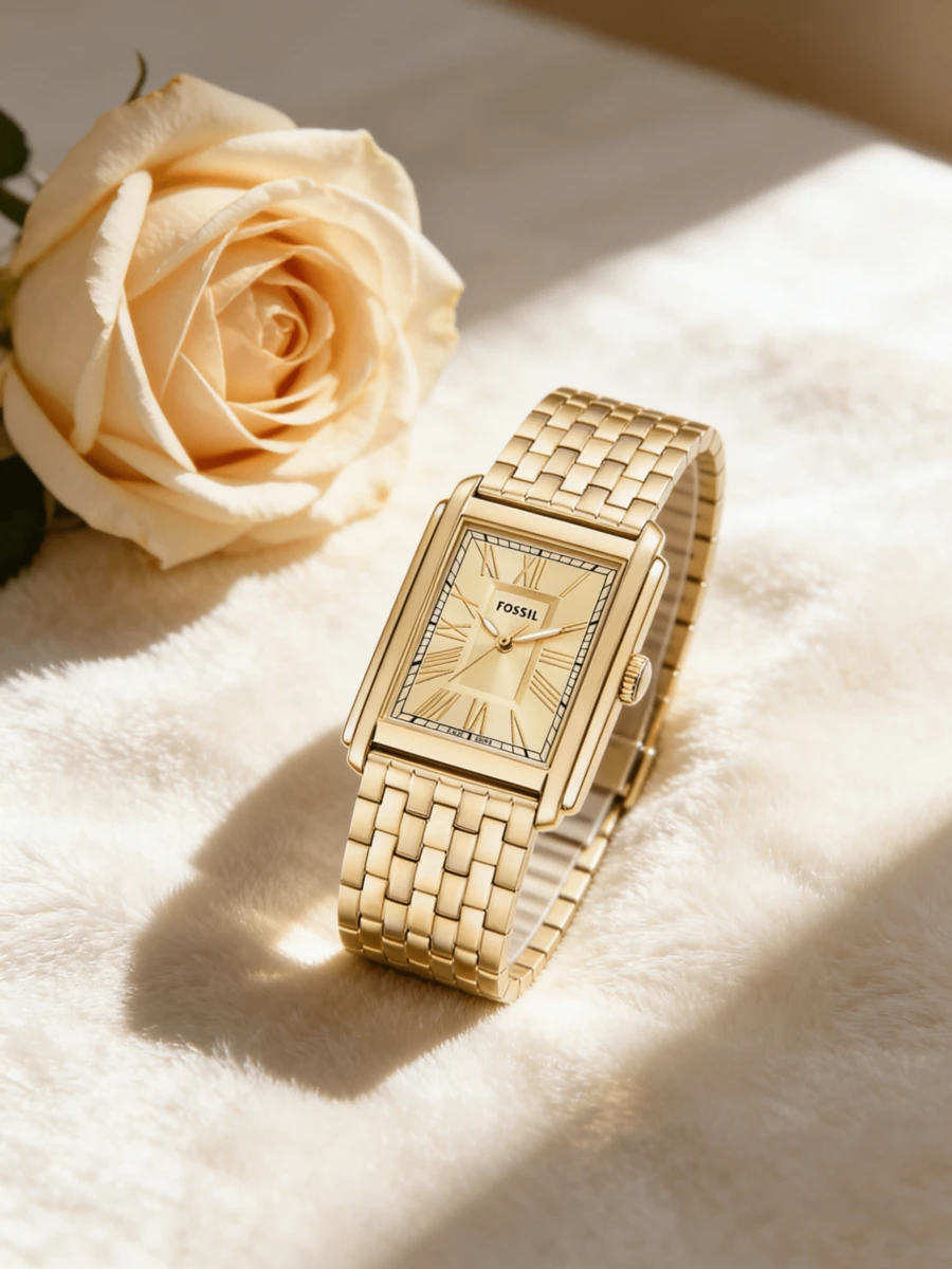 Fossil Đồng hồ nam FS6009 hình chữ nhật, mạ vàng, máy quartz - Dây đeo bằng thép không gỉ, mặt số La Mã. - Vàng - Xem 1