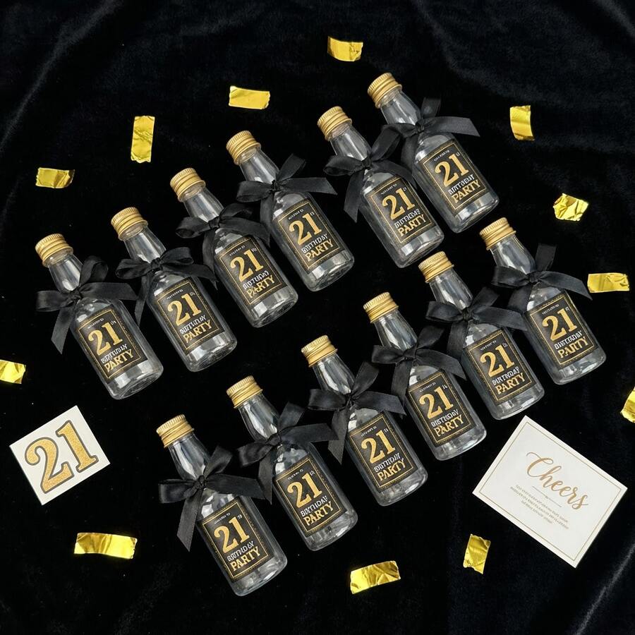 VICKYO 50套21岁生日派对迷你塑料瓶,包含瓶盖、丝带和“欢迎参加21岁生日派对”贴纸,可重复使用的迷你瓶,适用于21岁生日派对回礼、成人礼庆祝活动和派对装饰。 - 50 - 查看 1