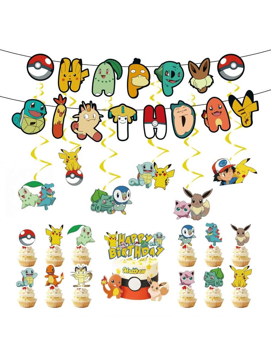 Đồ trang trí sinh nhật chủ đề Pokemon, bao gồm cờ nhiều màu sắc, phụ kiện trang trí bánh kem và đồ trang trí không gian tiệc. - A - Xem 1