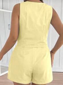 MICHLEE Women's Plus Size Set With Sleeveless Vest And Tailored Shorts - 黃1 - 查看 4