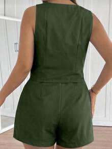 MICHLEE Women's Plus Size Set With Sleeveless Vest And Tailored Shorts - 軍綠1 - 查看 5