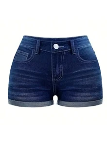 Shorts vaqueros casuales con bordado de plumas al estilo occidental y elástico para mujer - Azul lavado medio - Ver 9