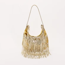 女士Y2K复古闪亮金色亮片流苏单肩包，流苏肩包，可拆卸肩带，适合晚宴、派对、俱乐部、婚礼、伴娘、度假、约会等场合。 - 金色 - 查看 10