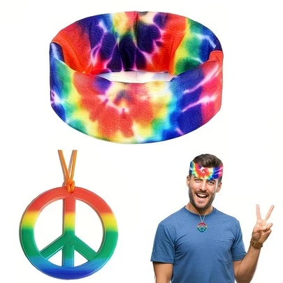 Bộ trang phục phong cách Hippie sành điệu (Unisex) - Băng đô nhuộm màu retro và vòng cổ hình biểu tượng hòa bình cầu vồng, phụ kiện tiệc disco thập niên 60, phụ kiện lễ hội phong cách Boho cổ điển, trang sức tháng Tự hào.