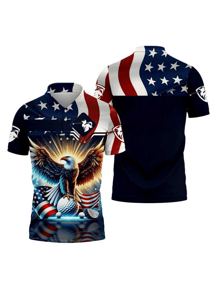 Men'S Casual Sports Short-Sleeve Polo With Fun Eagle And Golf Print Patterns, Made Of Fabric That Is Machine Washable, Breathable With A Regular Fit, Suita - 風格 - 查看 1