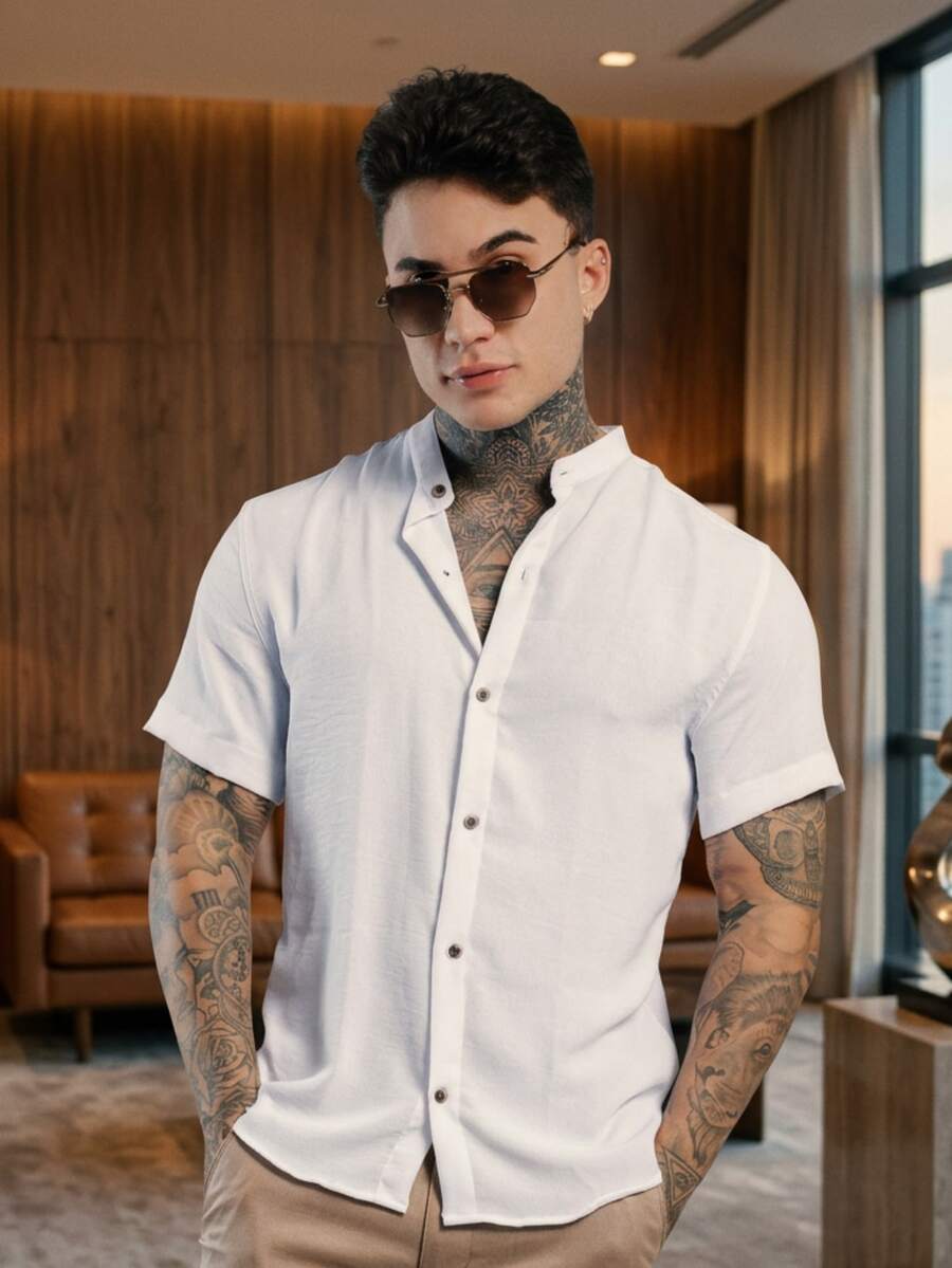 Men's Short Sleeve Shirt With Priest Collar Elegant Casual Party Work - 黑與白 - 查看 1