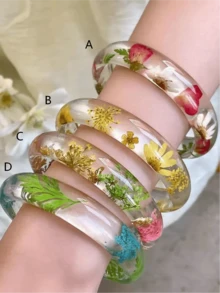 1 chiếc vòng tay bằng nhựa trong suốt, kiểu dáng tối giản, thanh lịch, đính hoa khô, thích hợp để đeo hàng ngày, dạo phố hoặc đi biển khi đi du lịch. - Nhiều màu - Xem 7