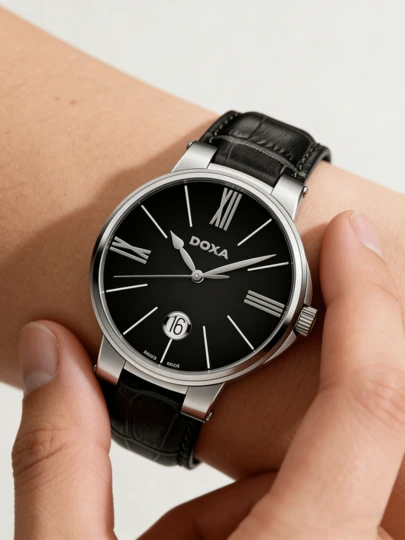 DOXA Swiss Time Inno Series Ethno Classic Business Men's Watch, Silver Stainless Steel Case, Black Genuine Leather Strap, Sapphire Crystal, Quartz Movement, High-End Brand Gift, Father's Day, Fashionable Outfit, Gentleman Item 131.10.102.01