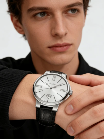 DOXA Swiss Time Inno Series Ethno Classic Business Men's Watch, Silver Stainless Steel Case, Black Leather Strap, Sapphire Crystal, Quartz Movement, High-End Brand Gift, Father's Day, Fashion Accessory, Gentleman's Item, Office Wear, Refined Living, 131.10.102.01