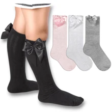 Set Of 4 Pairs Of Children's 3/4 Party Socks Sizes 16-33 With Satin Bow, Long Length, For Girls, Christenings, Weddings, Flower Girls, Social Events, Dances, Elegant, Schoolgirls - 白色,黑色,粉紅色和灰色 - 查看 10