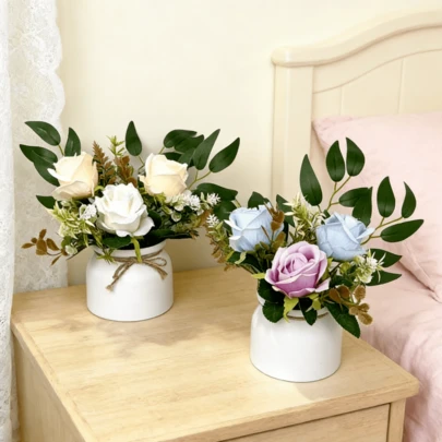 1pc New Style 3-Head Two-Tone Rose Artificial Bonsai, Valentine's Day Gift, Romantic Wedding Decoration Mini Faux Potted Plant